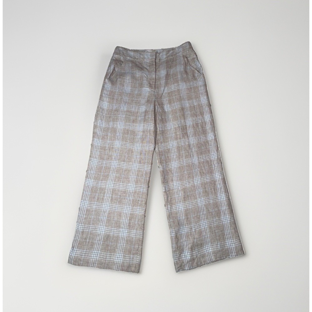Veronica Beard Plaid Wide Leg Linen Ankle Pants Women's High Rise 31x26.5 Tan
